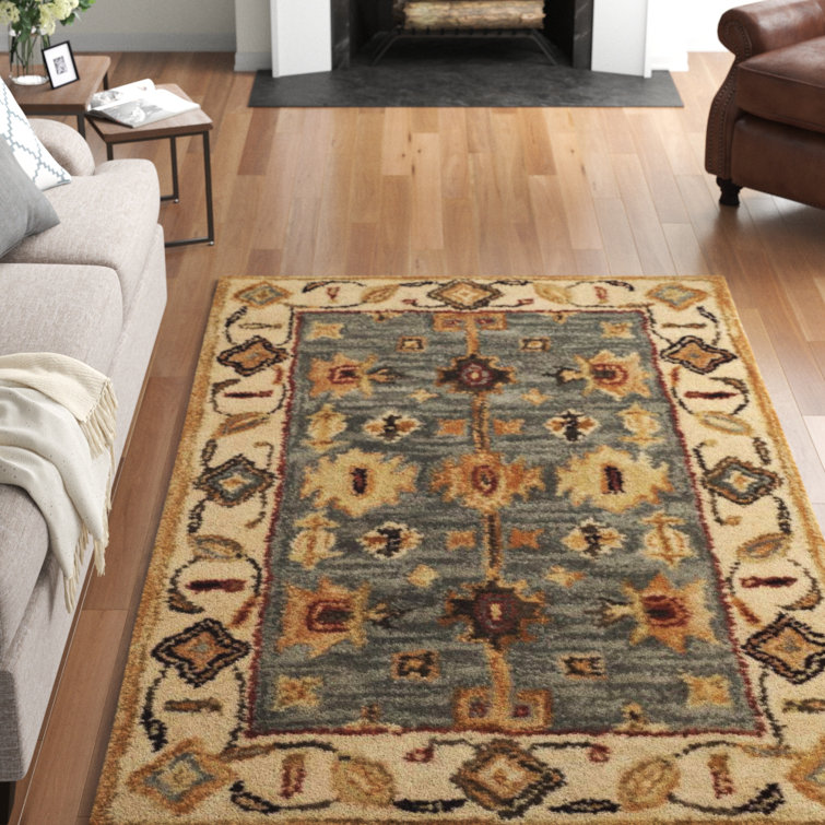 Three Posts™ Ashville Handmade Hand Tufted Wool Blue/Ivory/Red Rug